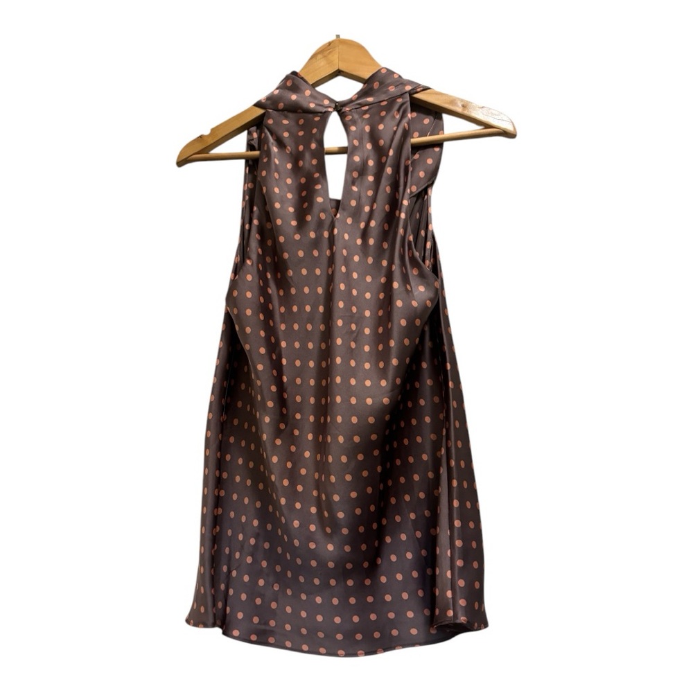 Violet & Claire Size M Brown/Orange Poker Dot Sleeveless Draped Neckline Blouse - Picture 12 of 15